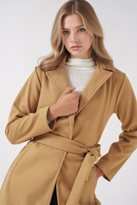 Double Breasted Tie Closure Textured Coat - Image 4