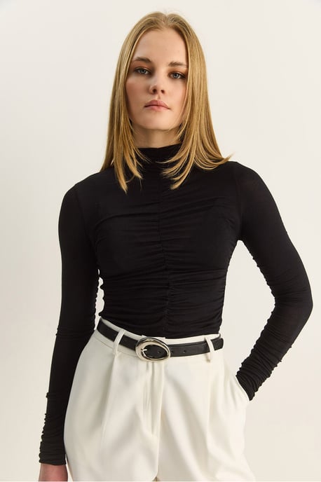 Slim Fit Halvpolokrage Blus med Draperad Detalj - Image 2