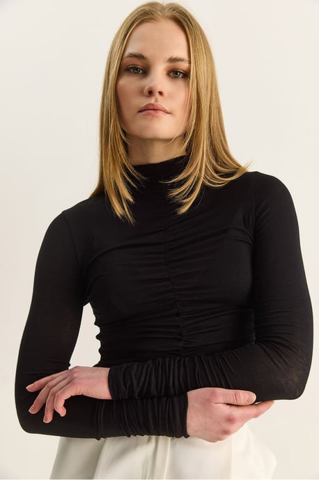 Slim Fit Halvpolokrage Blus med Draperad Detalj - Image 4