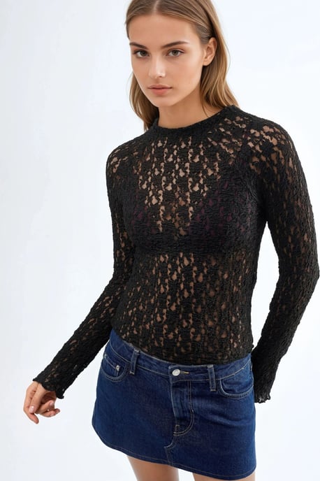 Spets Slim Fit Crew Neck Blus - Image 1