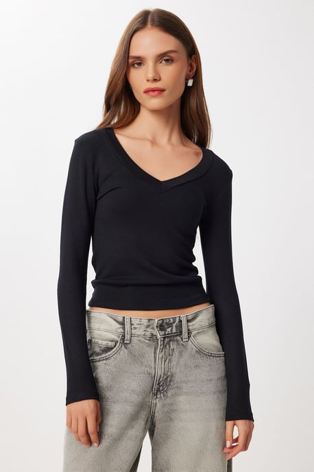 Slim Fit V-ringad Blus med Långa Ärmar - Image 2