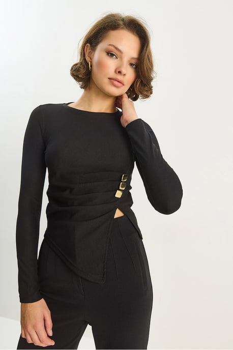 Crew Neck Long Sleeve Blouse with Accessory Detail - Image 4