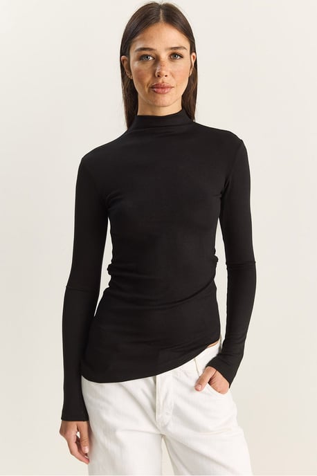 Fitted Turtleneck Long Sleeve Blouse with Ruffle Detail - Image 1