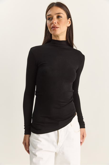 Fitted Turtleneck Long Sleeve Blouse with Ruffle Detail - Image 2