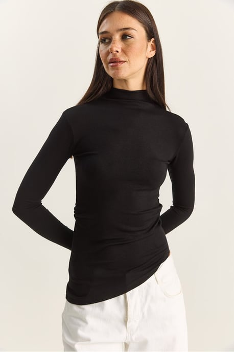 Fitted Turtleneck Long Sleeve Blouse with Ruffle Detail - Image 3