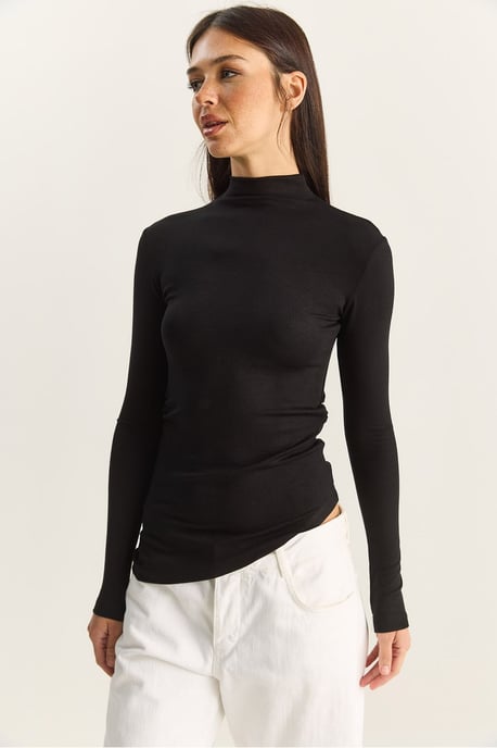 Fitted Turtleneck Long Sleeve Blouse with Ruffle Detail - Image 4