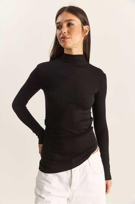 Fitted Turtleneck Long Sleeve Blouse with Ruffle Detail - Image 5