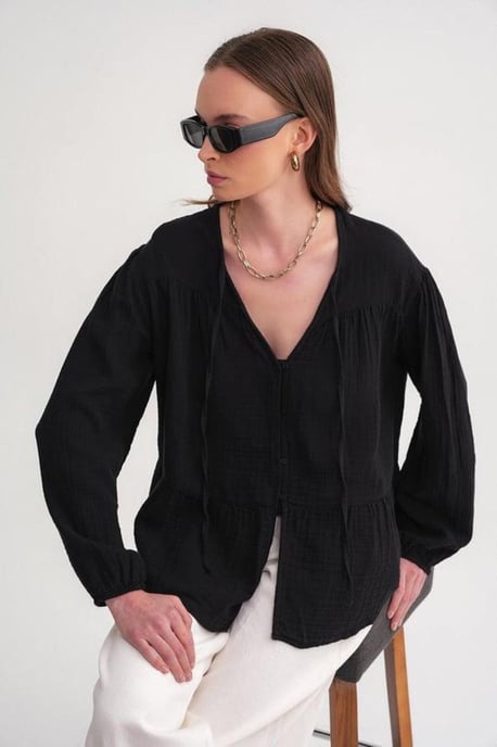 Long Sleeve Relaxed Fit Blouse with Tie-Neck - Image 1