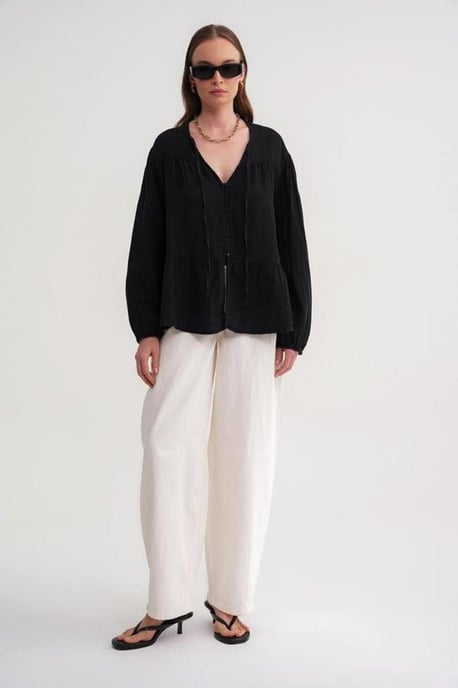 Long Sleeve Relaxed Fit Blouse with Tie-Neck - Image 2