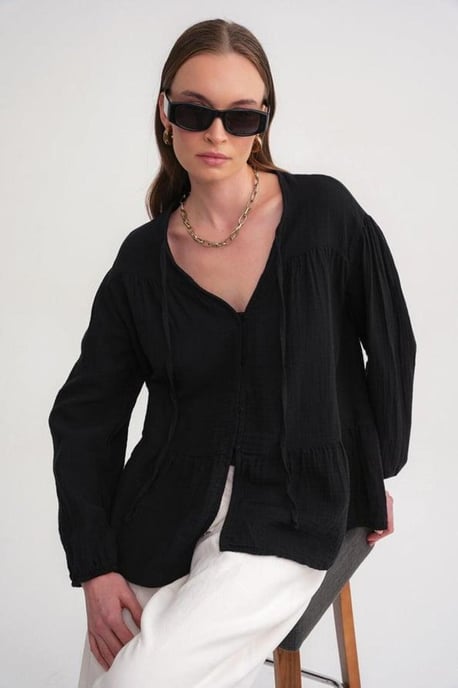 Long Sleeve Relaxed Fit Blouse with Tie-Neck - Image 3