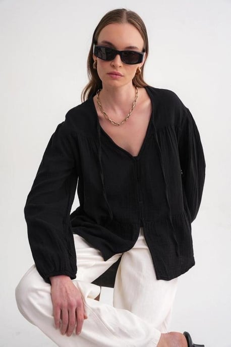 Long Sleeve Relaxed Fit Blouse with Tie-Neck - Image 4