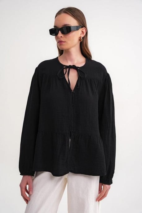 Long Sleeve Relaxed Fit Blouse with Tie-Neck - Image 5