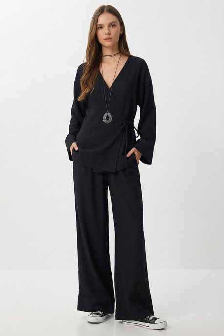 Hoge Taille Wijde Pijpen Broek & V-Hals Blouse met Strikdetails Set - Image 2