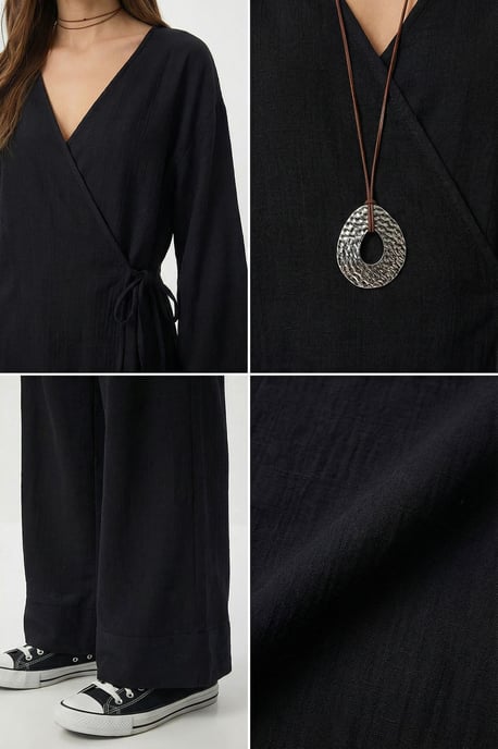 Hoge Taille Wijde Pijpen Broek & V-Hals Blouse met Strikdetails Set - Image 3