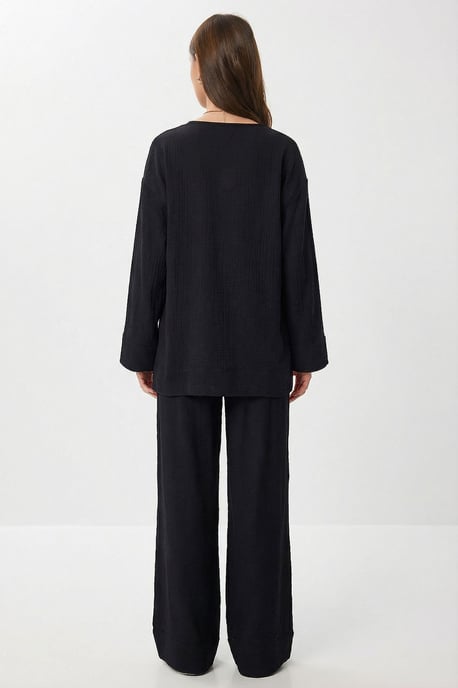 Hoge Taille Wijde Pijpen Broek & V-Hals Blouse met Strikdetails Set - Image 4