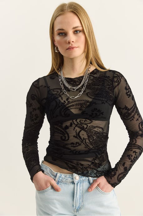 Slim Fit Utskuren Paisley Blus - Image 2