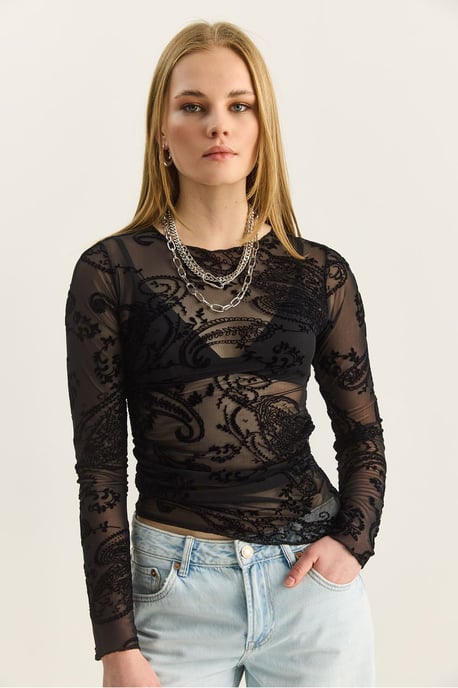 Slim Fit Utskuren Paisley Blus - Image 3