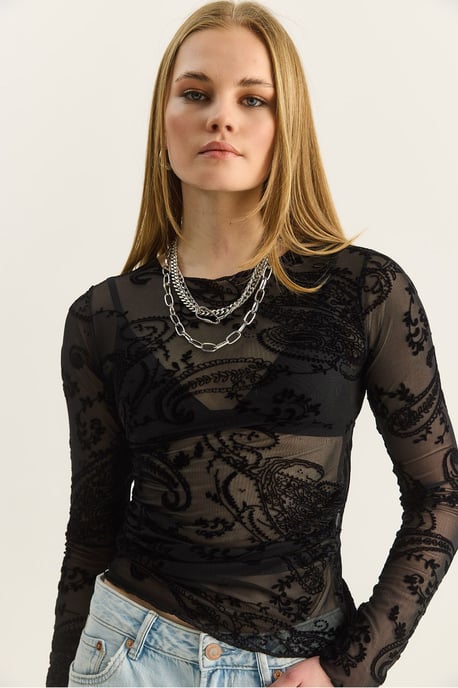 Slim Fit Utskuren Paisley Blus - Image 5