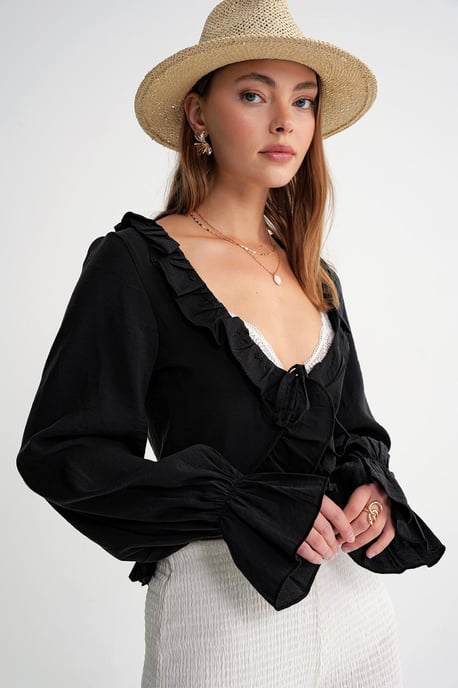 Frilly V-hals Lange Mouw Crop Blouse - Image 4