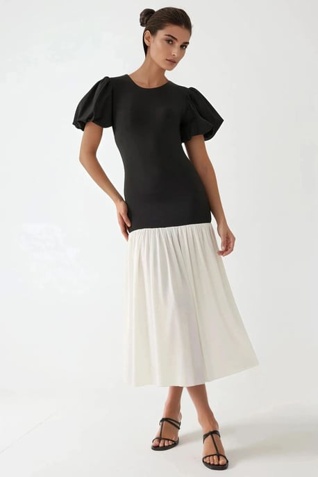 Fitted Contrast Midi-jurk met ronde hals - Image 2