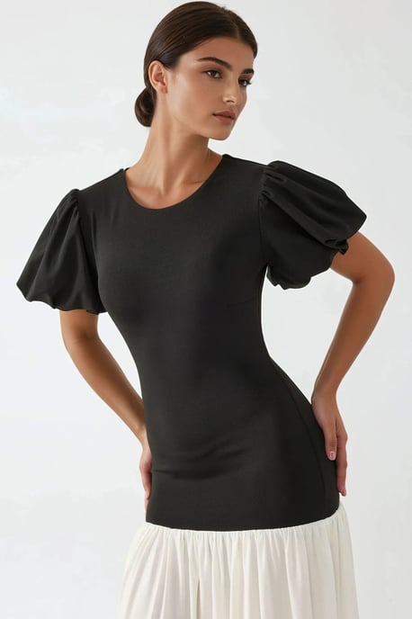 Fitted Contrast Midi-jurk met ronde hals - Image 3