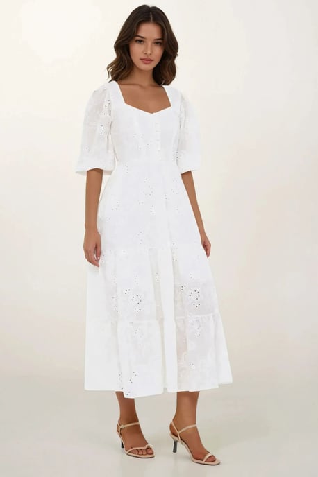 Embroidered Sweetheart Neck Tiered Maxi Dress with a Puff Sleeves - Image 1