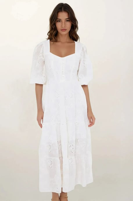 Embroidered Sweetheart Neck Tiered Maxi Dress with a Puff Sleeves - Image 3