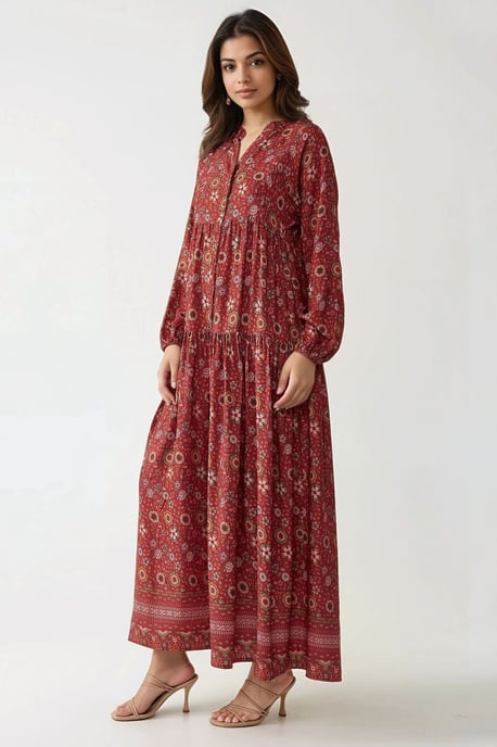 Geprinte V-hals Maxi-jurk met Knopen - Image 4