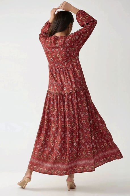 Geprinte V-hals Maxi-jurk met Knopen - Image 5
