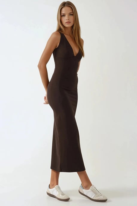 Slim Fit V-ringad Bas Midi Klänning - Image 3