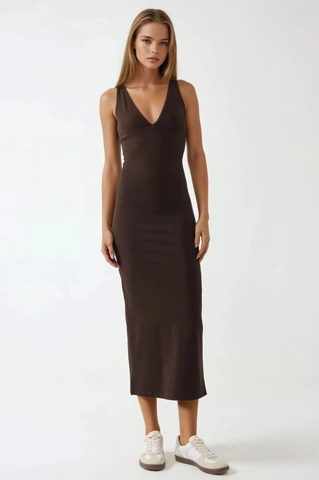 Slim Fit V-ringad Bas Midi Klänning - Image 5