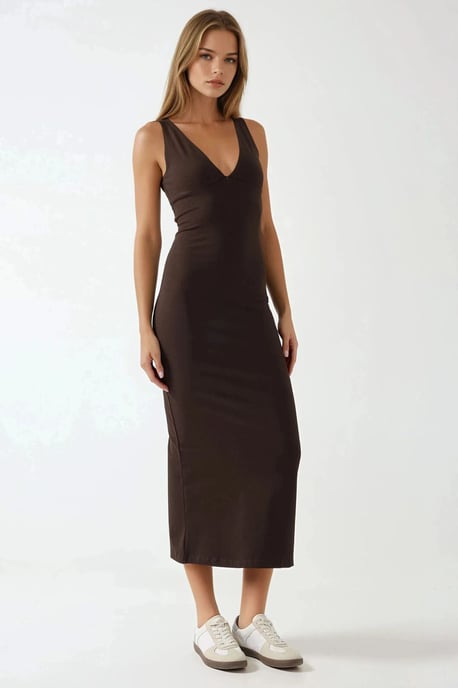 Slim Fit V-ringad Bas Midi Klänning - Image 6