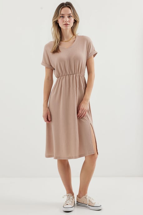 Textured V-Neck Midi Knit Dress with Slit - Image 2