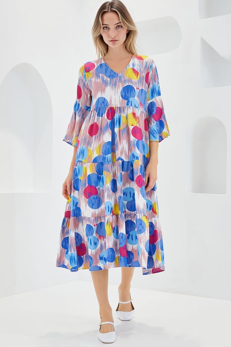 Patterned V-Neck Midi Dress with Short Sleeves - Image 2