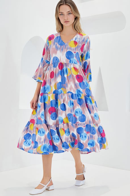 Patterned V-Neck Midi Dress with Short Sleeves - Image 3