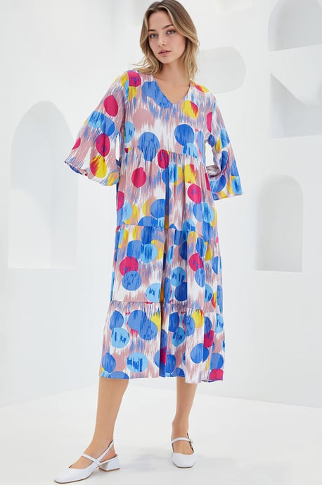 Patterned V-Neck Midi Dress with Short Sleeves - Image 4