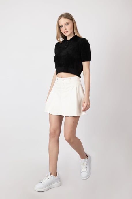 Shirt Collar Buttoned Short Sleeve Fluffy Sweater - Image 2