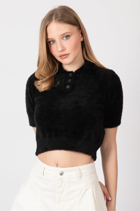 Shirt Collar Buttoned Short Sleeve Fluffy Sweater - Image 3