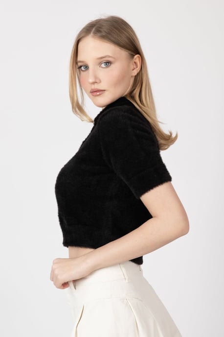 Shirt Collar Buttoned Short Sleeve Fluffy Sweater - Image 4