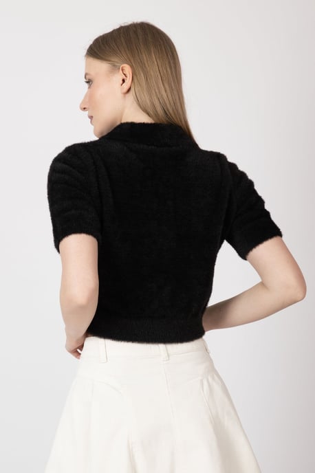 Shirt Collar Buttoned Short Sleeve Fluffy Sweater - Image 5