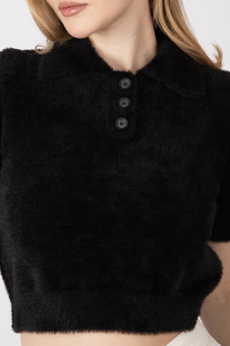 Shirt Collar Buttoned Short Sleeve Fluffy Sweater - Image 6