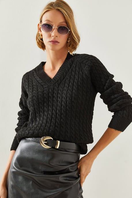 Getextureerde V-hals Aansluitende Brei Sweater - Image 1
