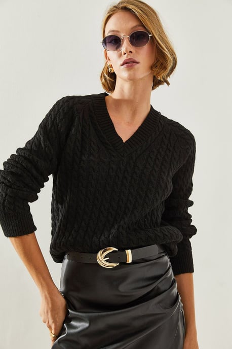 Getextureerde V-hals Aansluitende Brei Sweater - Image 2