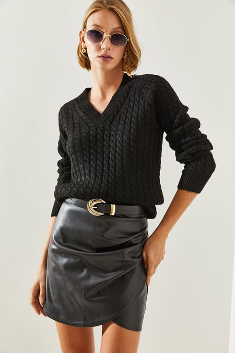 Getextureerde V-hals Aansluitende Brei Sweater - Image 3