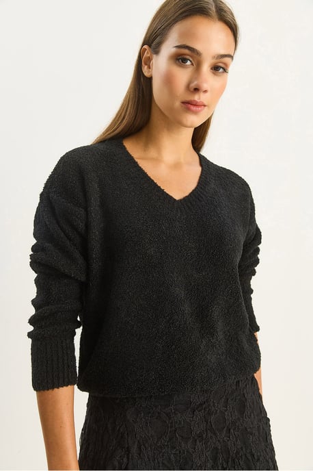 V-Neck Textured Knit Sweater - Image 3