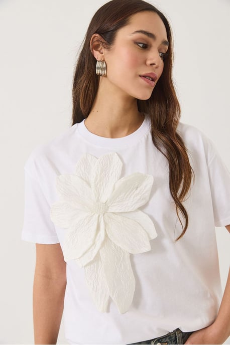 Bloemmotief Crew Neck T-Shirt met Accessoire Detail - Image 3