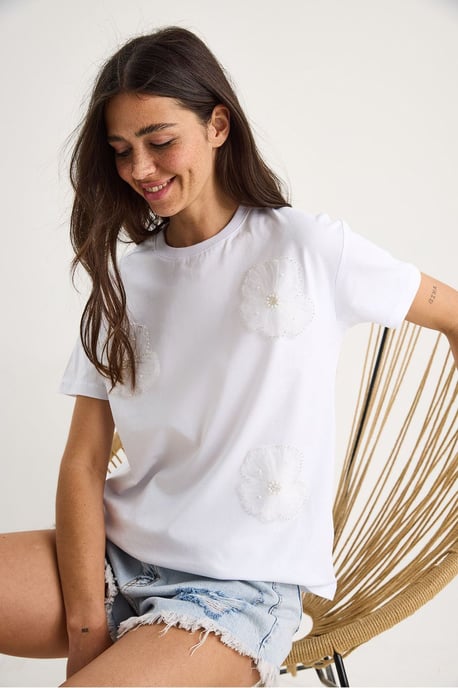 Bloemenprint T-shirt met ronde hals en accessoire-detail - Image 2