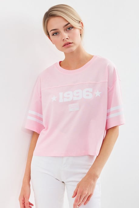 Överdimensionerad Crew Neck Crop T-shirt med Motto Tryck - Image 3