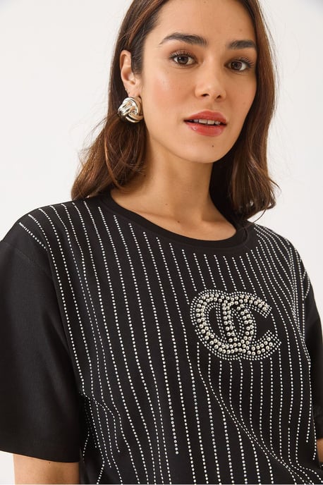 Geborduurd Gestreept T-shirt met Ronde Hals - Image 1