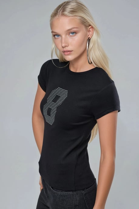Kortärmad stretchstickad t-shirt med stendetalj - Image 2